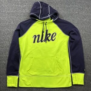 Nike Therma-Fit Hoodie Womens Medium Neon Yellow Navy Logo Pullover Sweatshirt